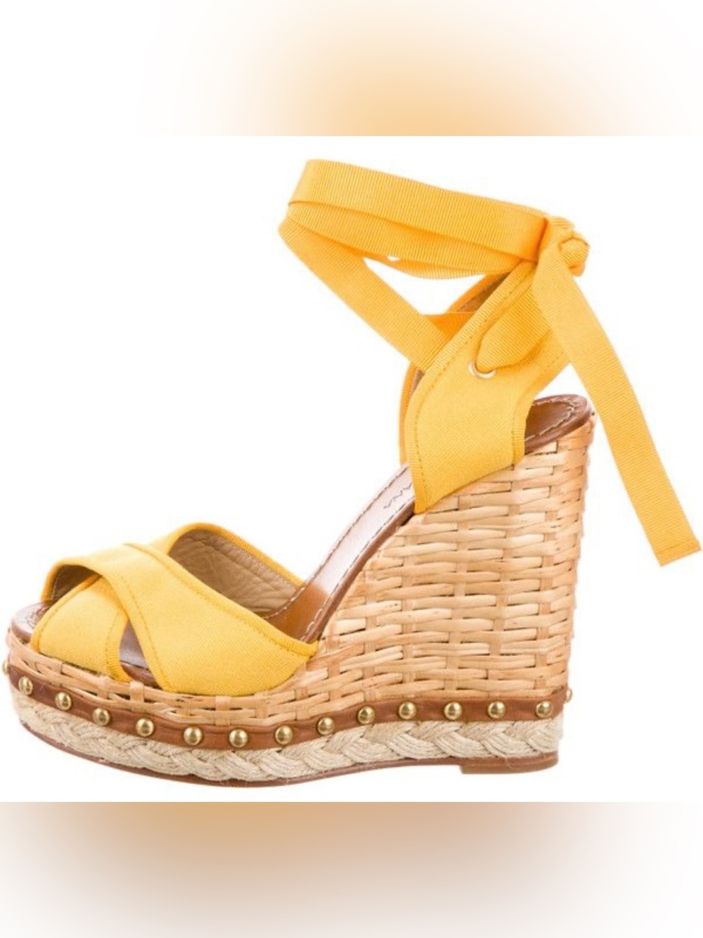 Dolce & Gabbana Yellow Canvas Espadrille Wedge Sandals with Ankle Tie